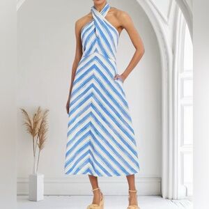 Mestiza New York Copacabana Cross Front Halter Dress In Santorini Stripe Sz L